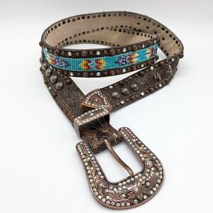 RODS Brown Blue Beaded Rhinestone Leather Belt XL